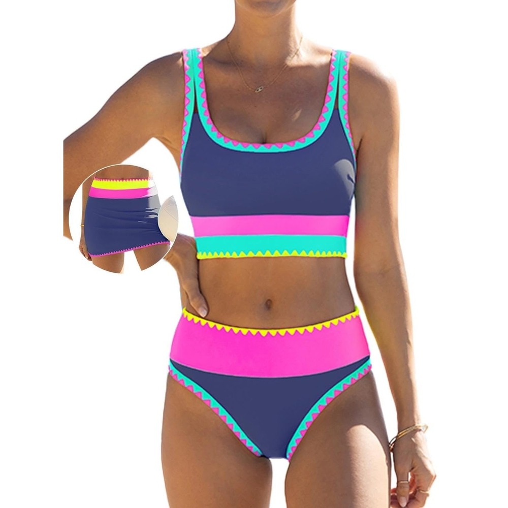 NWT Popvil Women Navy Blue Neon 3 Piece Bikini Set High Waist Skirt Swimsuit Lg